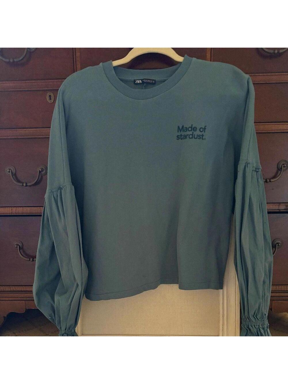 Zara puffed sleeve Made of Stardust teal blue combination sweatshirt NWOT M